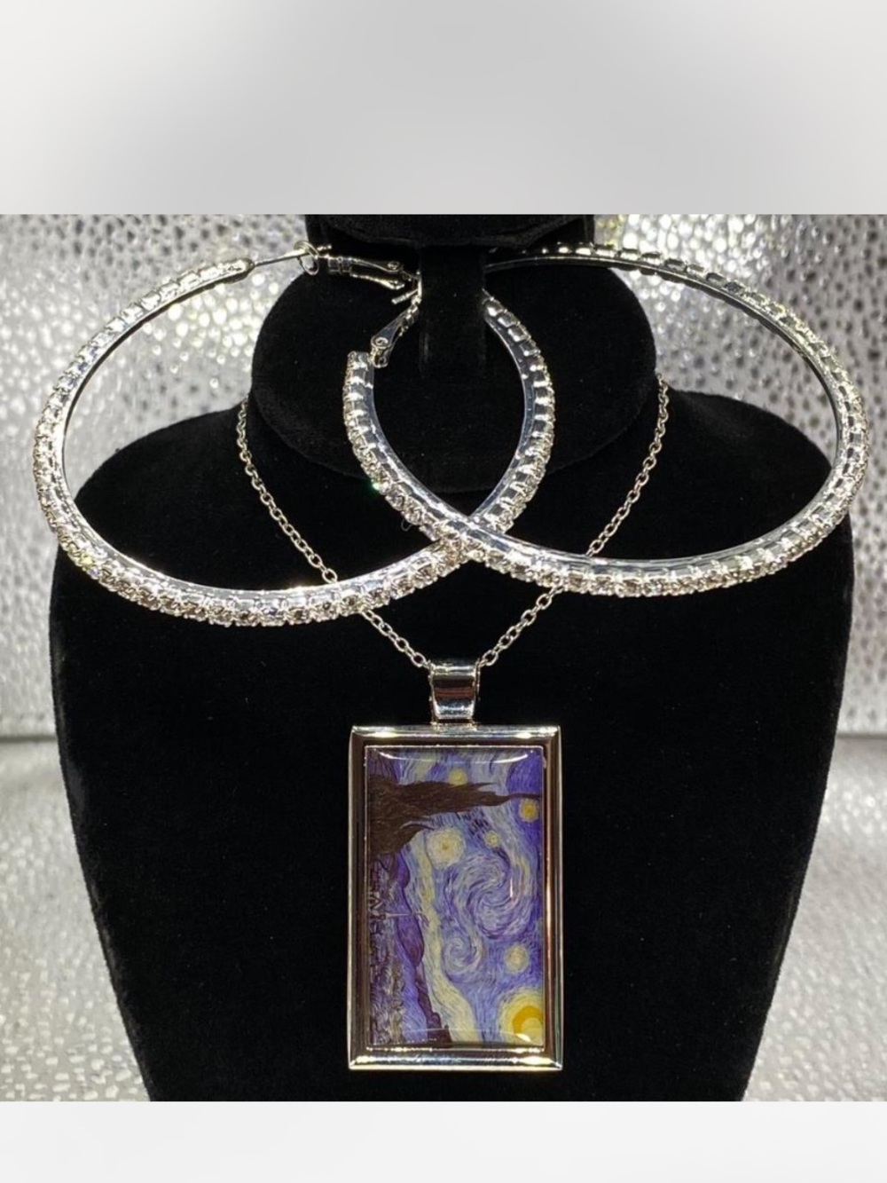 *^* Silver Crystal Hoop Earrings / Collectors” Starry Night Pendant Necklace *^*